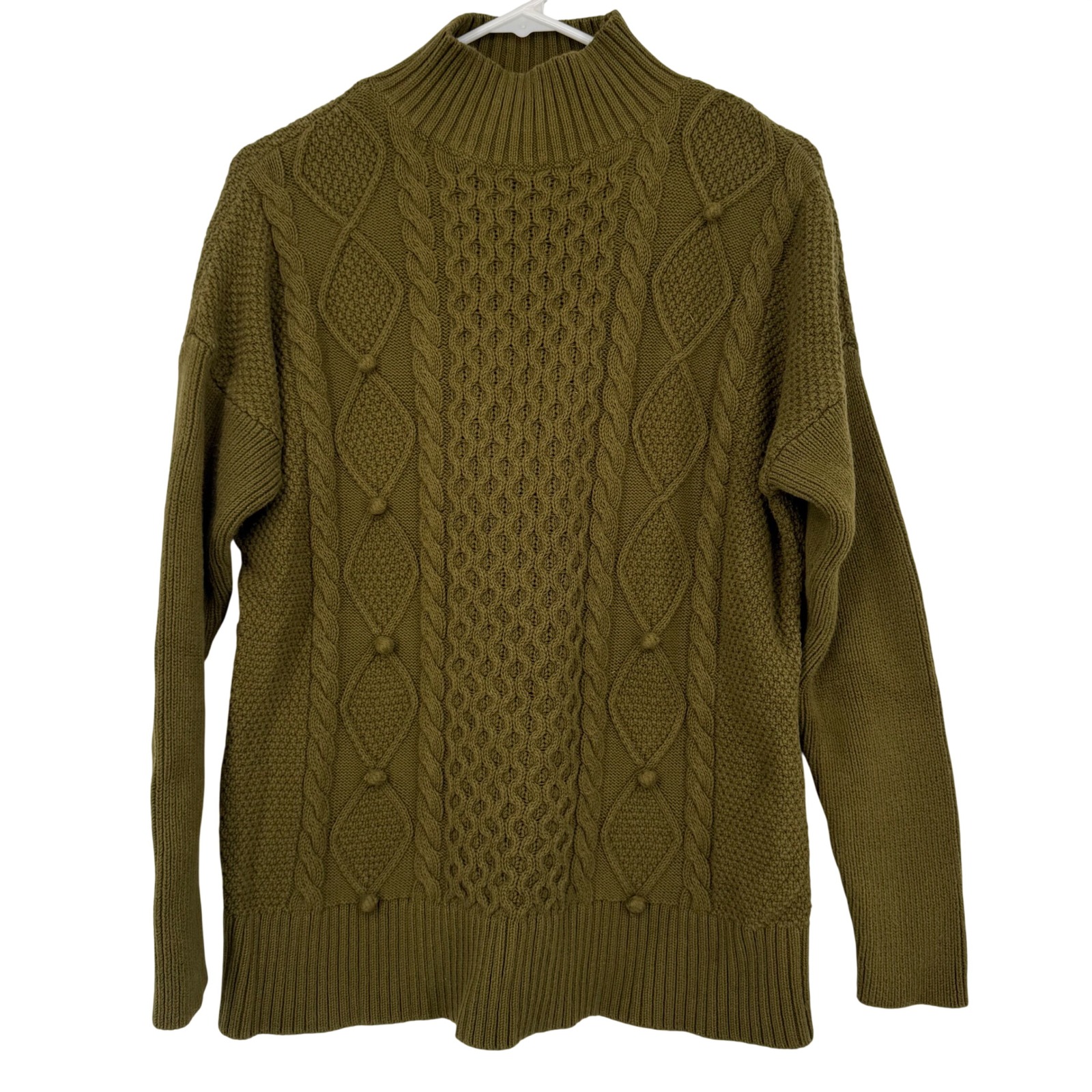 J.Crew Womens Olive Green Cable Knit Popcorn Mock Neck Cotton Sweater Small Cozy